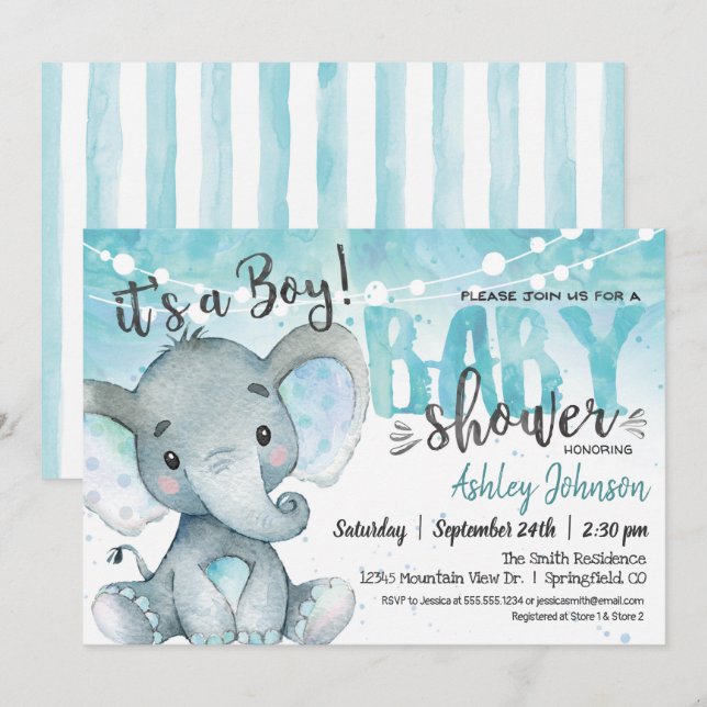 Invitation Baby shower Blue Elephant Invitation, garçon (Devant / Derrière)