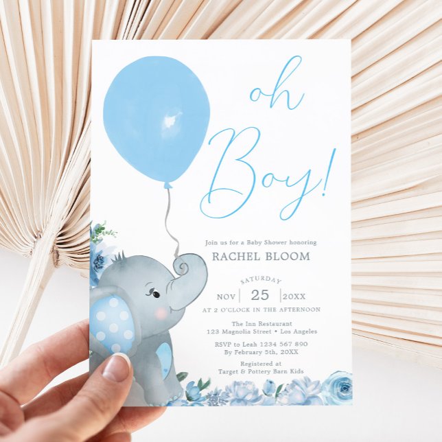 Invitation Baby shower Blue Elephant Oh Boy (blue elephant baby shower invitation)