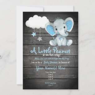 Invitation Baby shower Blue Elephant, rustique