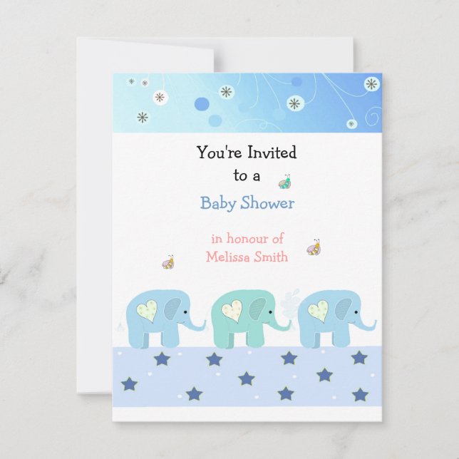 Invitation Baby shower Blue Elephants (Devant)
