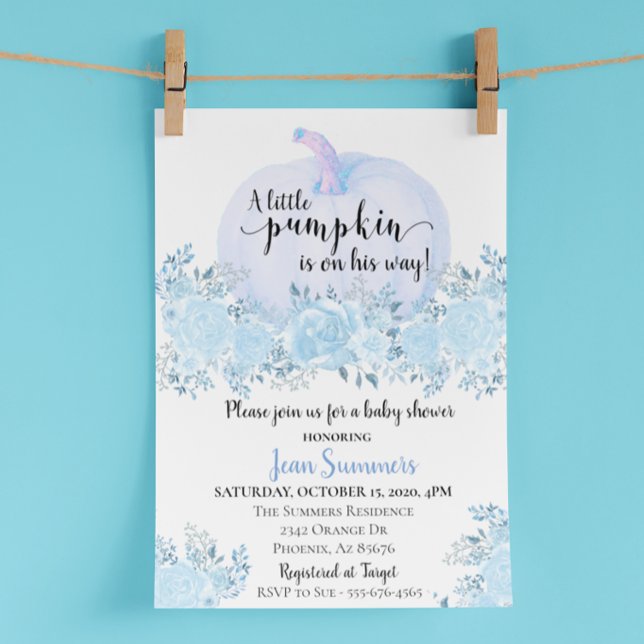 Invitation Baby shower Blue Floral Boy Citrouille Automne Aut (Créateur téléchargé)