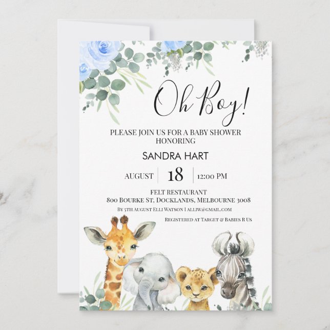 Invitation Baby shower Blue Floral Eucalyptus Safari Têtes (Devant)
