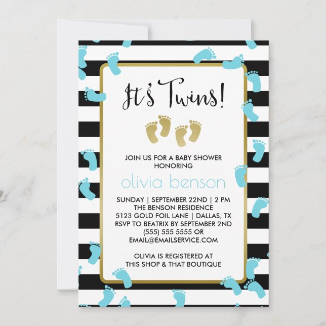 Invitation Baby shower Blue Footprints Black & Gold Twins (Devant)
