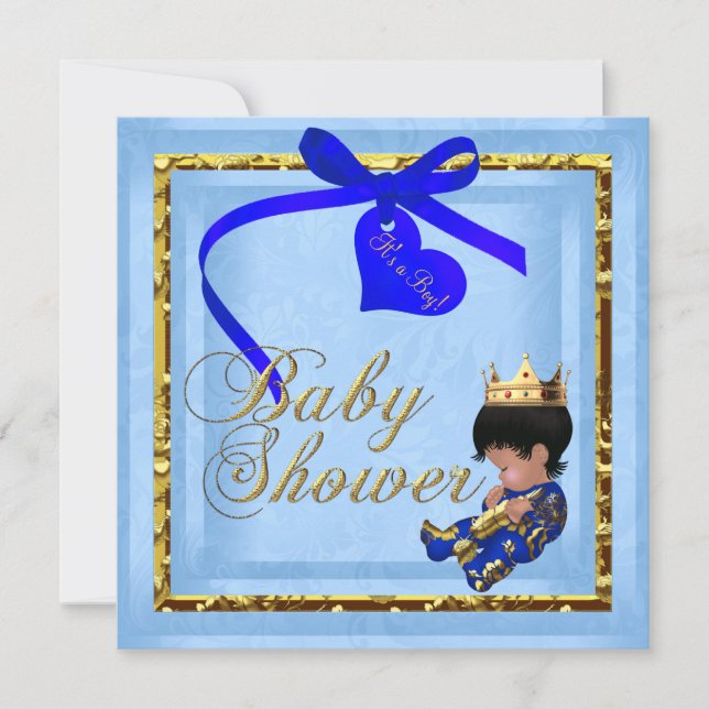 Invitation Baby shower Blue Gold Boy Prince (Devant)