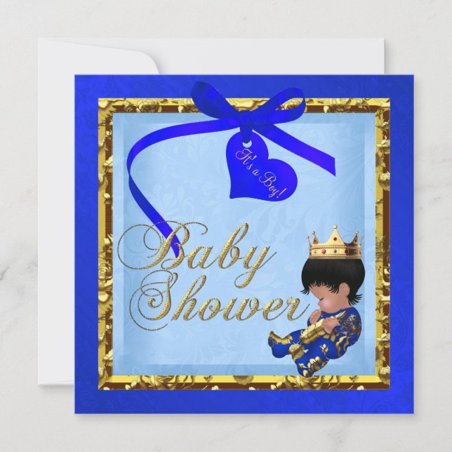 Invitation Baby shower Blue Gold Boy Prince (Devant)
