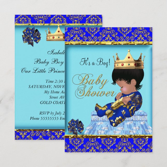 Invitation Baby shower Blue Gold Boy Prince (Devant / Derrière)