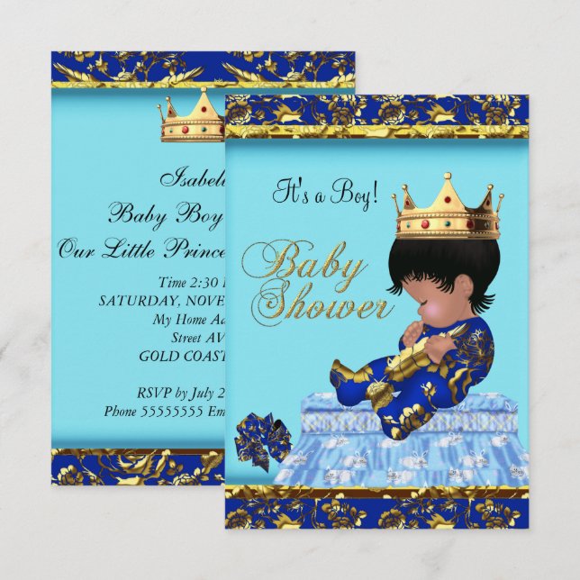 Invitation Baby shower Blue Gold Boy prince (Devant / Derrière)