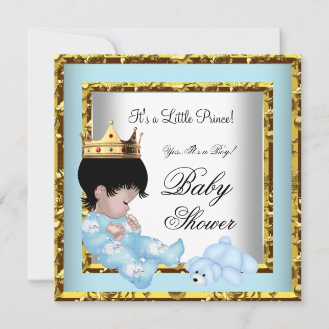 Invitation Baby shower Blue Gold Boy prince de couronne 2 (Devant)