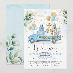 Invitation Baby shower Blue Gold Twin Boys Jungle Drive Thru