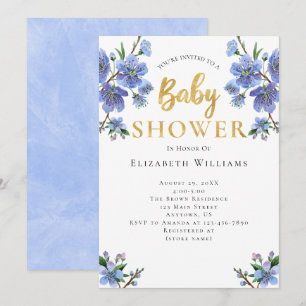 Invitation Baby shower Blue Gold Watercolor Flowers