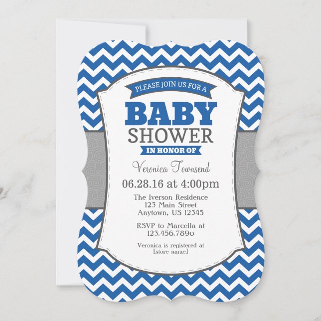 Invitation Baby shower Blue Grey Chevron (Devant)