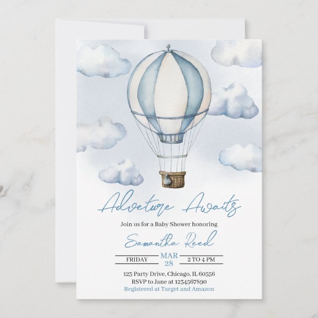 Invitation Baby shower Blue Hot Air Balloon (Devant)