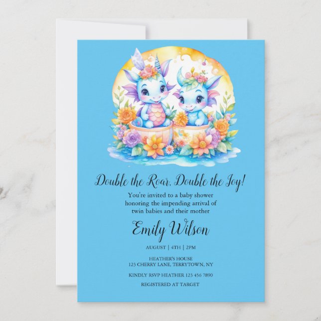 Invitation Baby shower Blue Rainbow Floral Twin Baby Dragons (Devant)