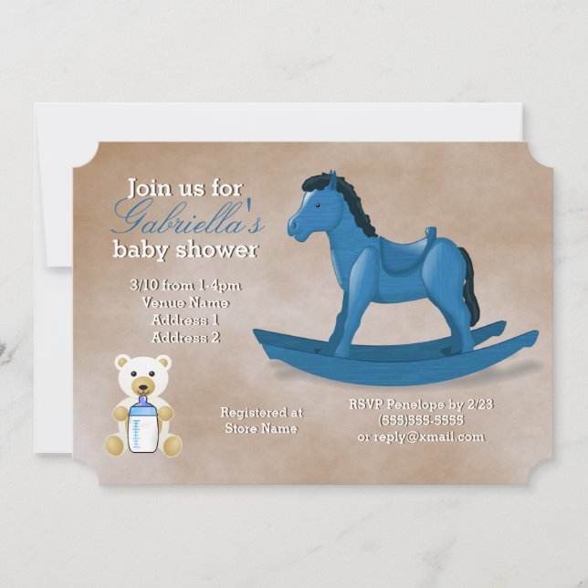 Invitation Baby shower Blue Rocking Horse (Devant)