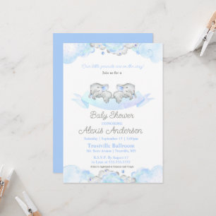 Invitation Baby shower Blue Sleeping Twins Baby Elephants