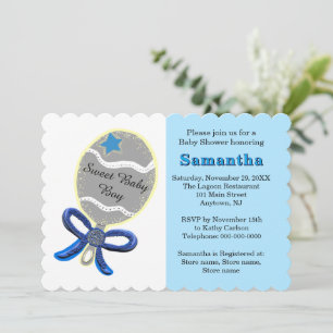 Invitation Baby shower Blue Star Silver Rattle