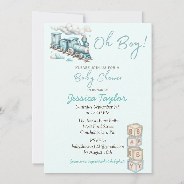 Invitation Baby shower Blue Train Oh Boy (Devant)