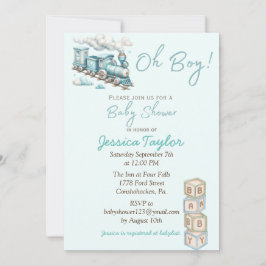 Invitation Baby shower Blue Train Oh Boy