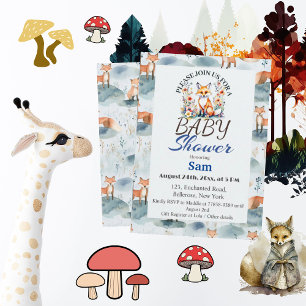 Invitation Baby shower Blue Watercolor Baby Fox