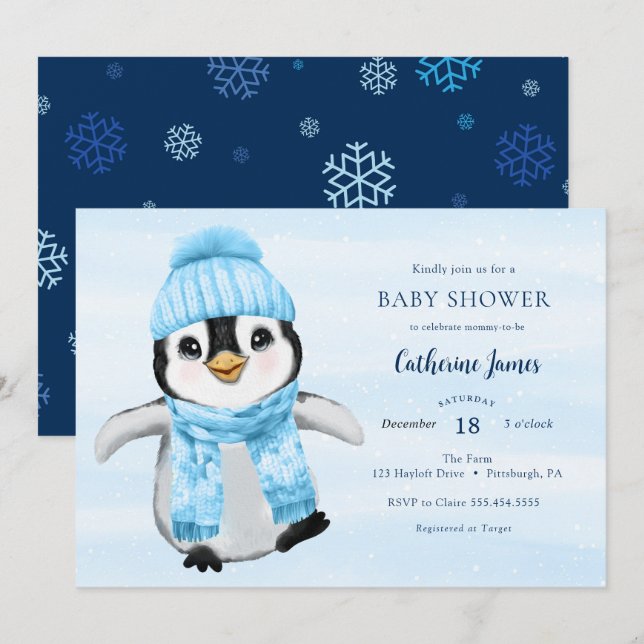 Invitation Baby shower Blue Winter Penguin (Devant / Derrière)
