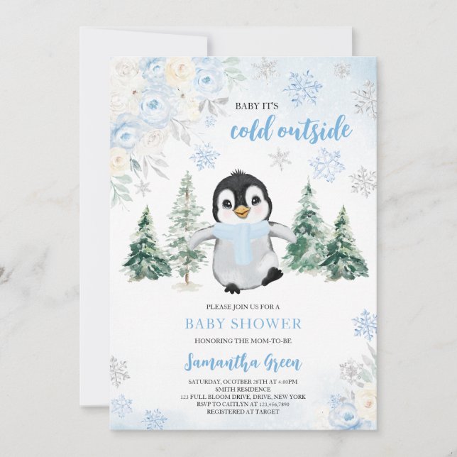 Invitation Baby shower Blue Winter Penguin (Devant)