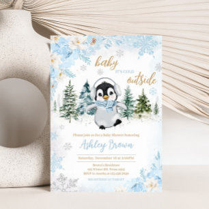 Invitation Baby shower Blue Winter Penguin