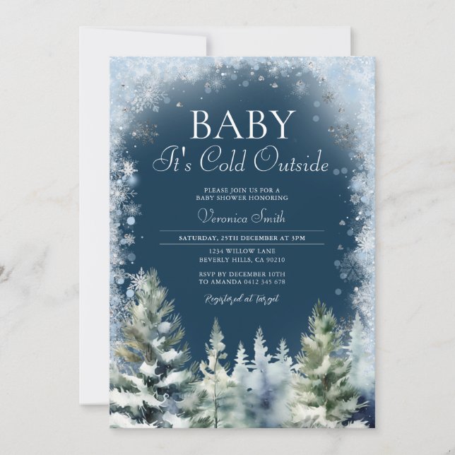 Invitation Baby shower Blue Winter Pine Tree de la Marine Fla (Devant)