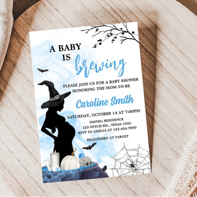 Invitation Baby shower Blue Witch (Blue A Baby is Brewing Baby Shower Invitation)