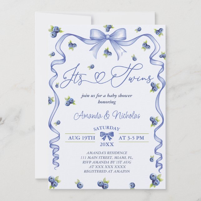 Invitation Baby shower Blueberry Twins (Devant)