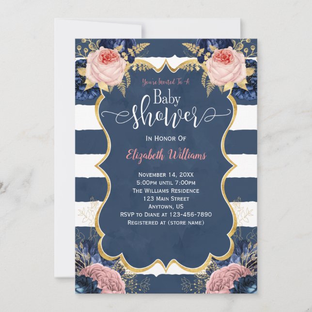 Invitation Baby shower Blush Rose Marine bleu Floral (Devant)