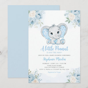 Invitation Baby-Shower Bohème Bleu Éléphant Garçon Aquarelle