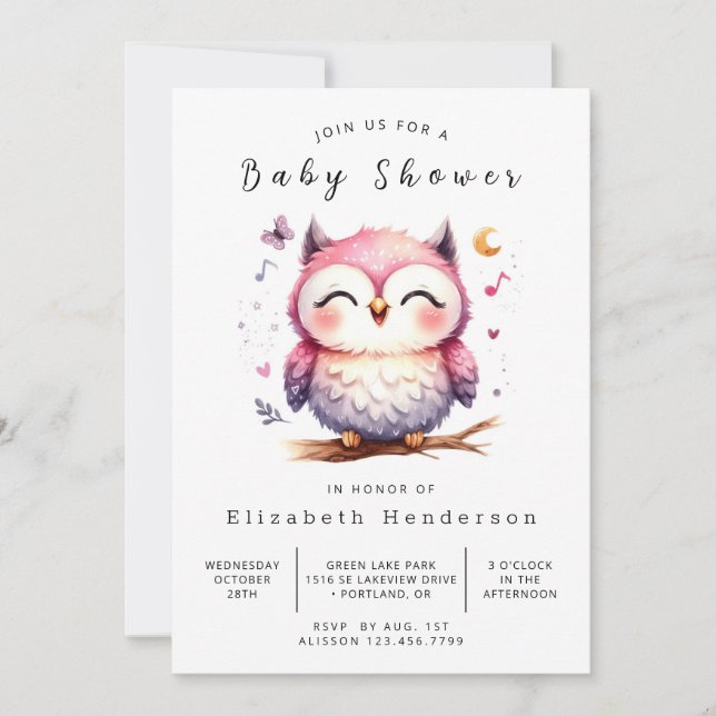 Invitation Baby shower bohème élégant de hibou (Devant)