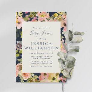 Invitation Baby-Shower Bohème Fleurs Aquarelles Bleu Marine e
