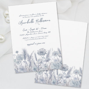 Invitation Baby shower bohème fleurs bleu poussiéreux