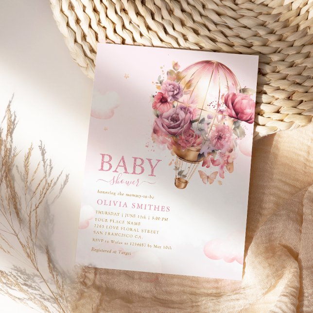 Invitation Baby Shower Bohème Mignon Fille Ballon Floral Rose (Créateur téléchargé)