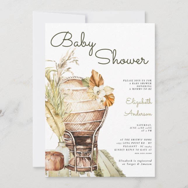 Invitation Baby shower Bohemian Safari Green Pampas Boho (Devant)
