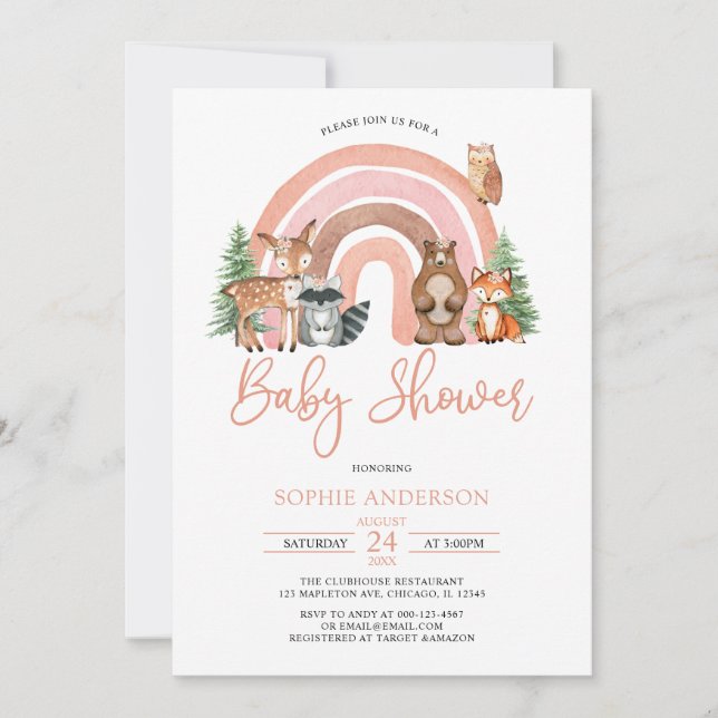 Invitation Baby shower Boho Arc-En-Ciel Et Bois Animaux (Devant)