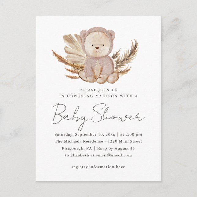 Invitation Baby shower Boho avec ours doux (Devant)