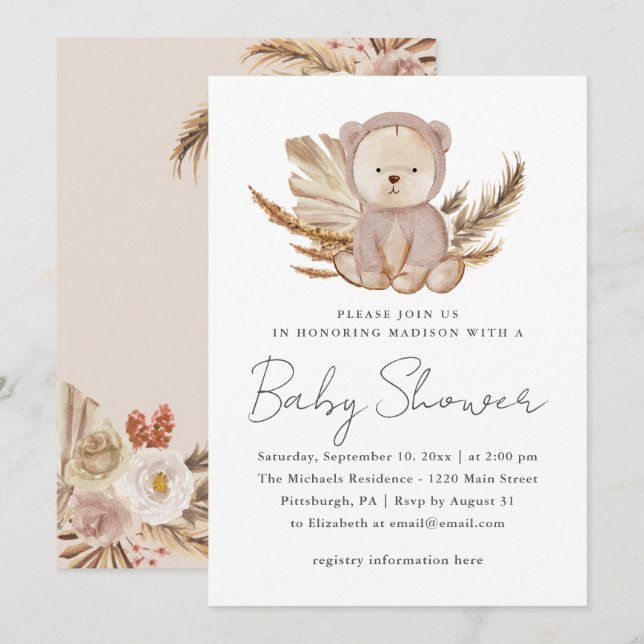 Invitation Baby shower Boho avec ours doux (Devant / Derrière)
