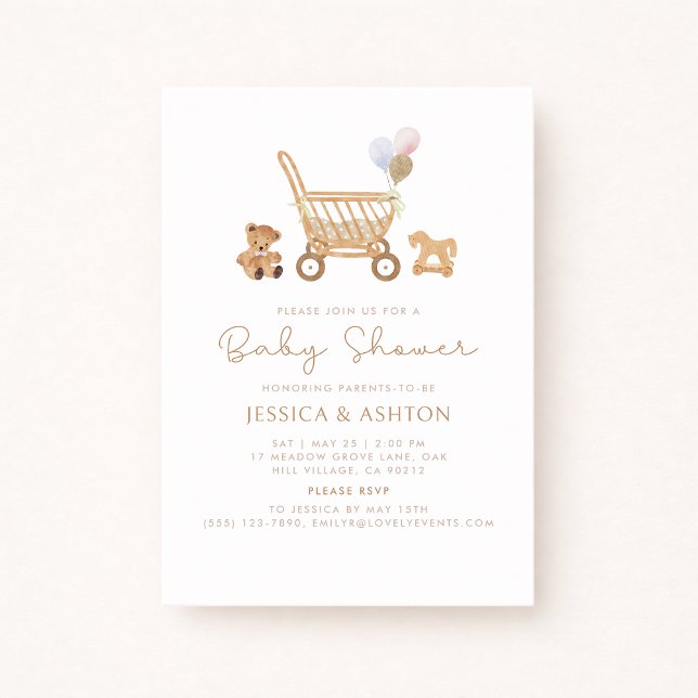 Invitation Baby shower Boho avec ours et poussette (Créateur téléchargé)
