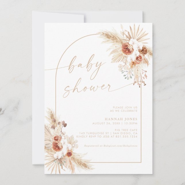 Invitation Baby shower Boho Beige Pampas Grasse (Devant)