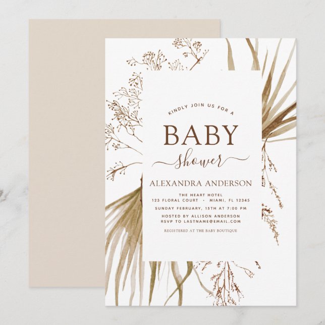 Invitation Baby shower Boho Bohème Pampas Grass (Devant / Derrière)