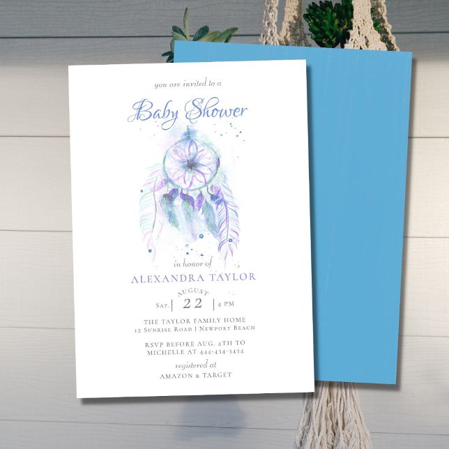Invitation Baby shower Boho Chic Dreamcatcher Blue Purple Boy (Créateur téléchargé)