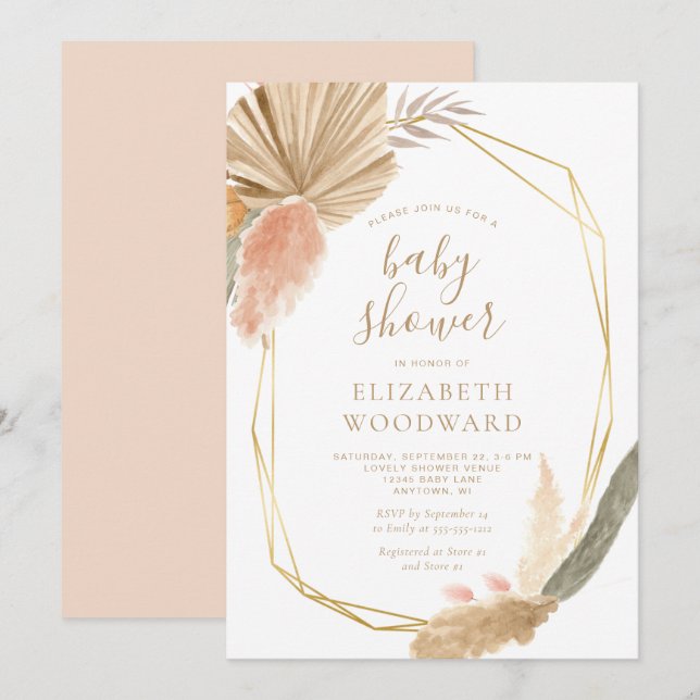 Invitation Baby shower Boho Chic Pampas Grass Gold Fragment (Devant / Derrière)