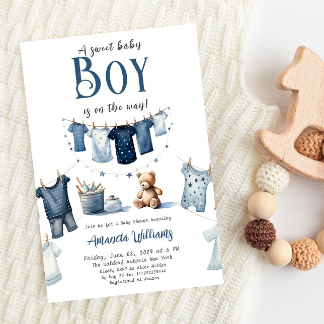 Invitation Baby shower Boho Clothesline Blue Sweet Boy (Créateur téléchargé)