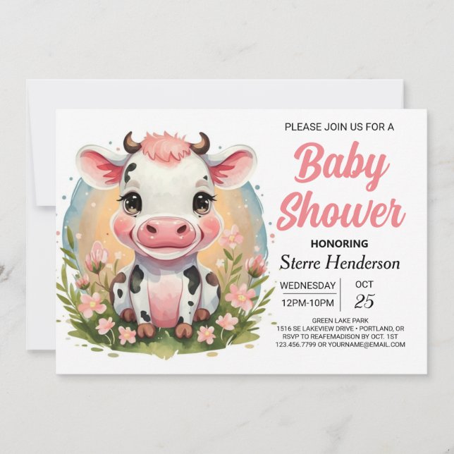 Invitation Baby shower Boho Cow à l'aquarelle mignonne (Devant)