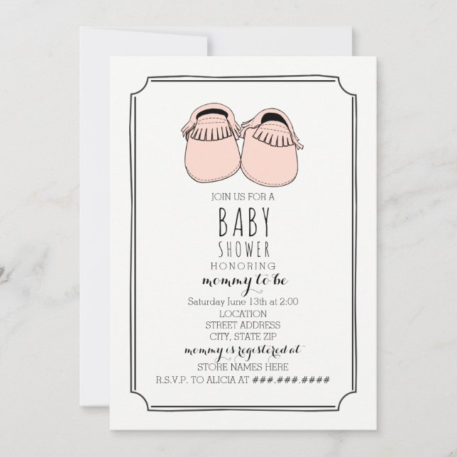 Invitation Baby shower Boho de Moccasins Roses Dusty (Devant)