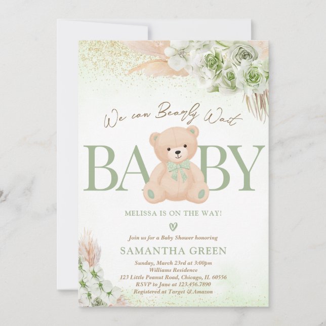 Invitation Baby shower Boho d'ours vert neutre pour les femme (Devant)