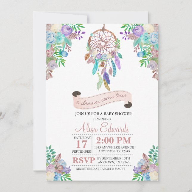 Invitation Baby shower Boho Dreamcatcher (Devant)