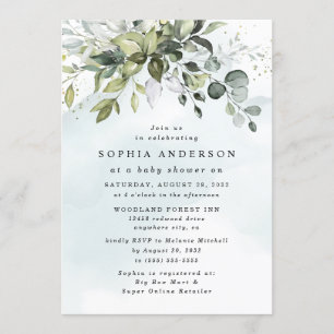 Invitation Baby shower Boho Dusty Blue Eucalyptus Greenery